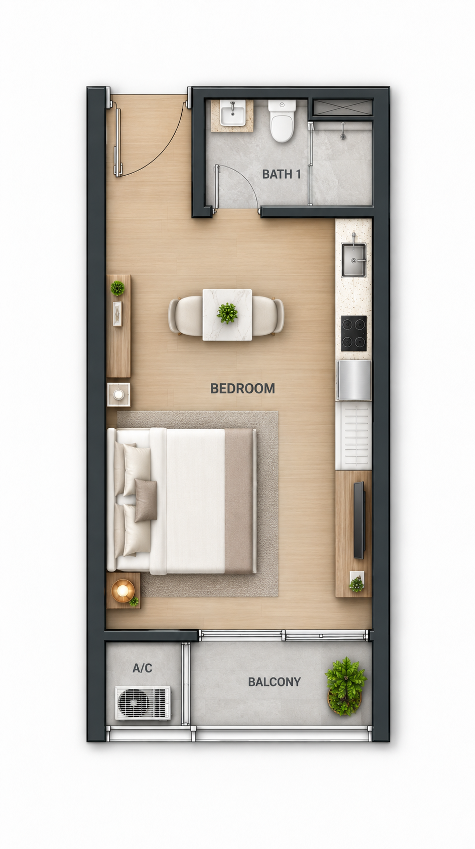 Type B — 501 sq ft furnished studio floor plan